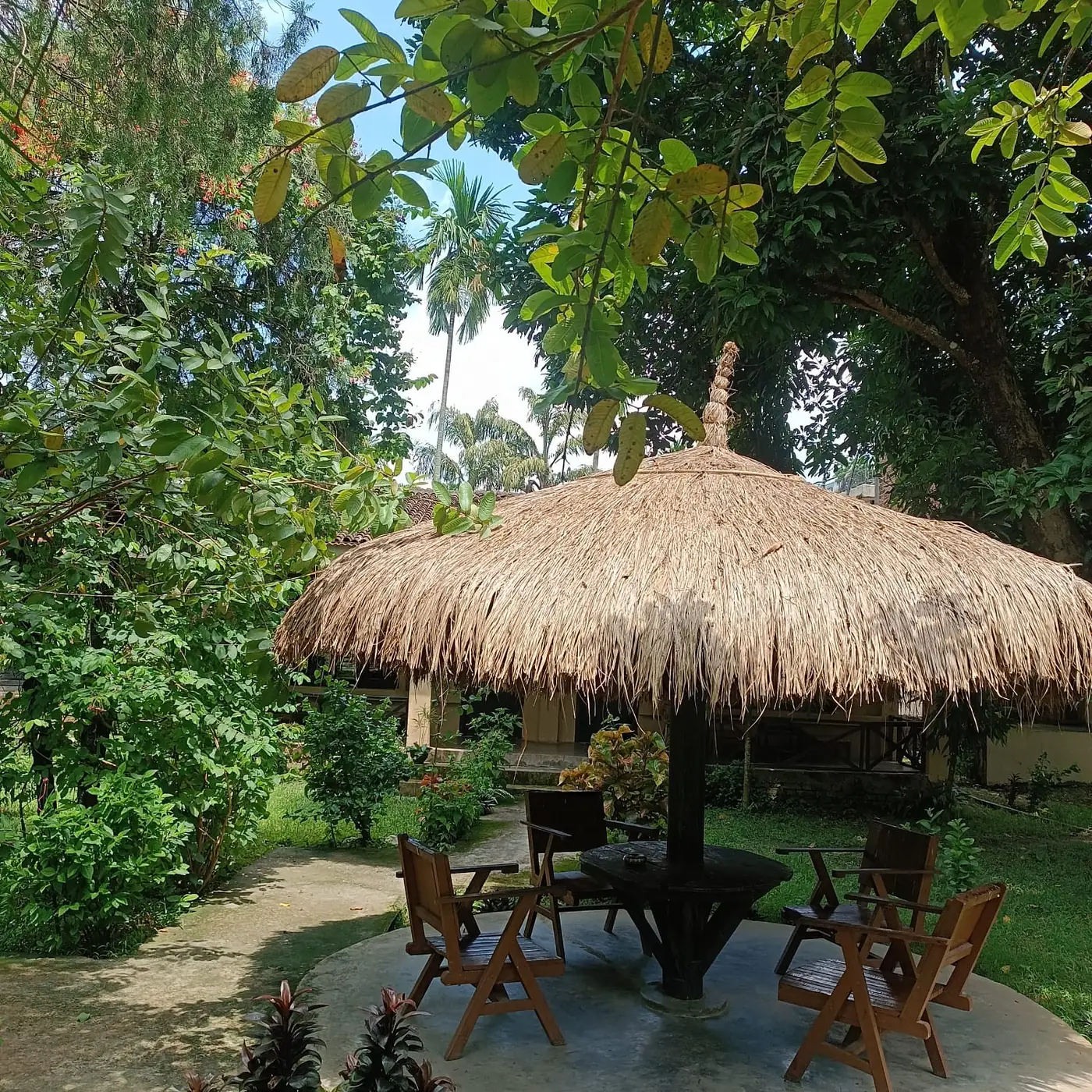 Thatched garden gazebo surrounded by trees at Tharu Lodge